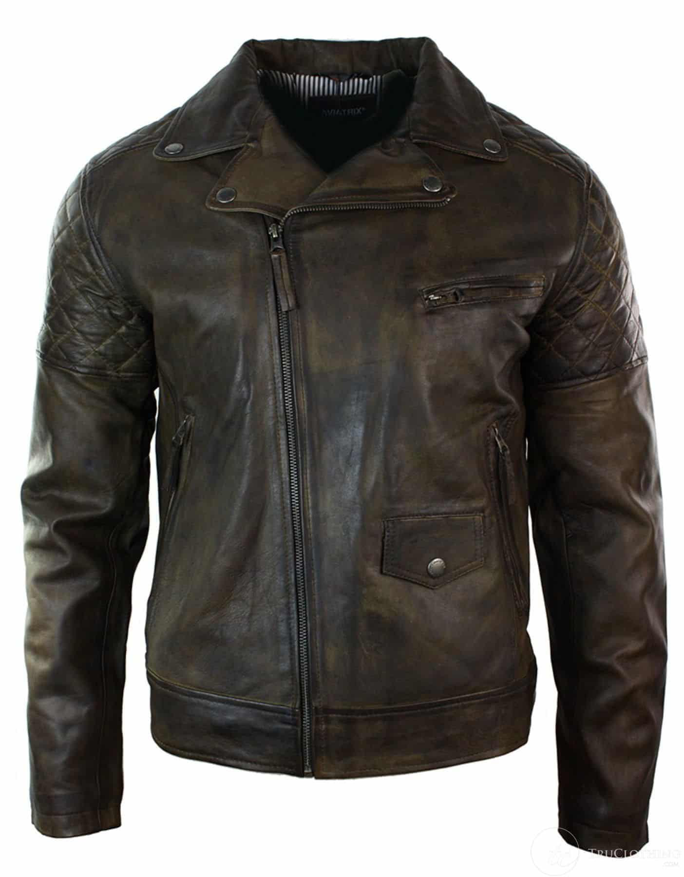 Prava kožna vintage isprana smeđa crna bordo plava drvena muška bajkerska jakna s križnim patentnim zatvaračem retro ležerna - smeđa