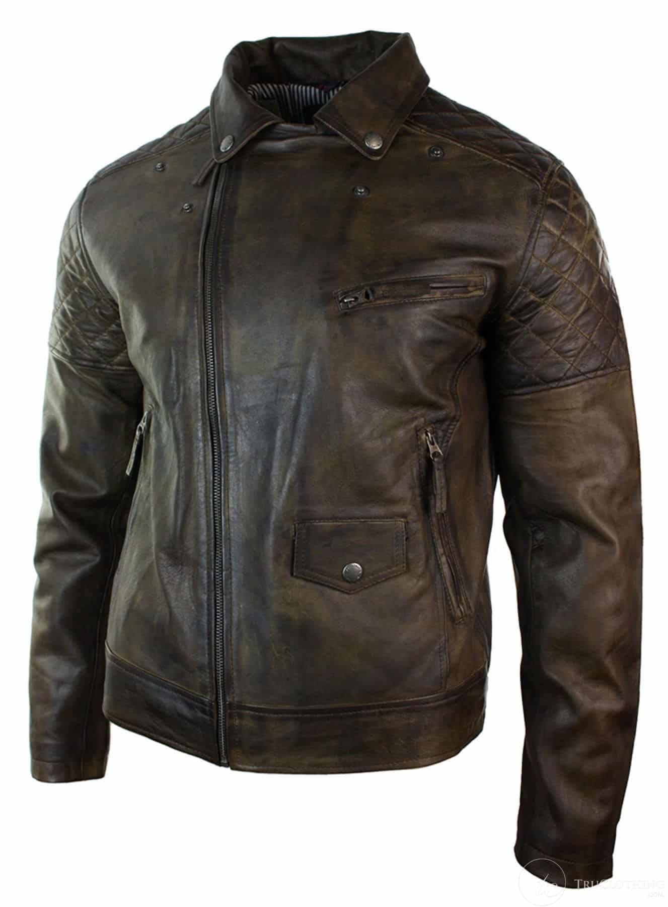 Prava kožna vintage isprana smeđa crna bordo plava drvena muška bajkerska jakna s križnim patentnim zatvaračem retro ležerna - smeđa