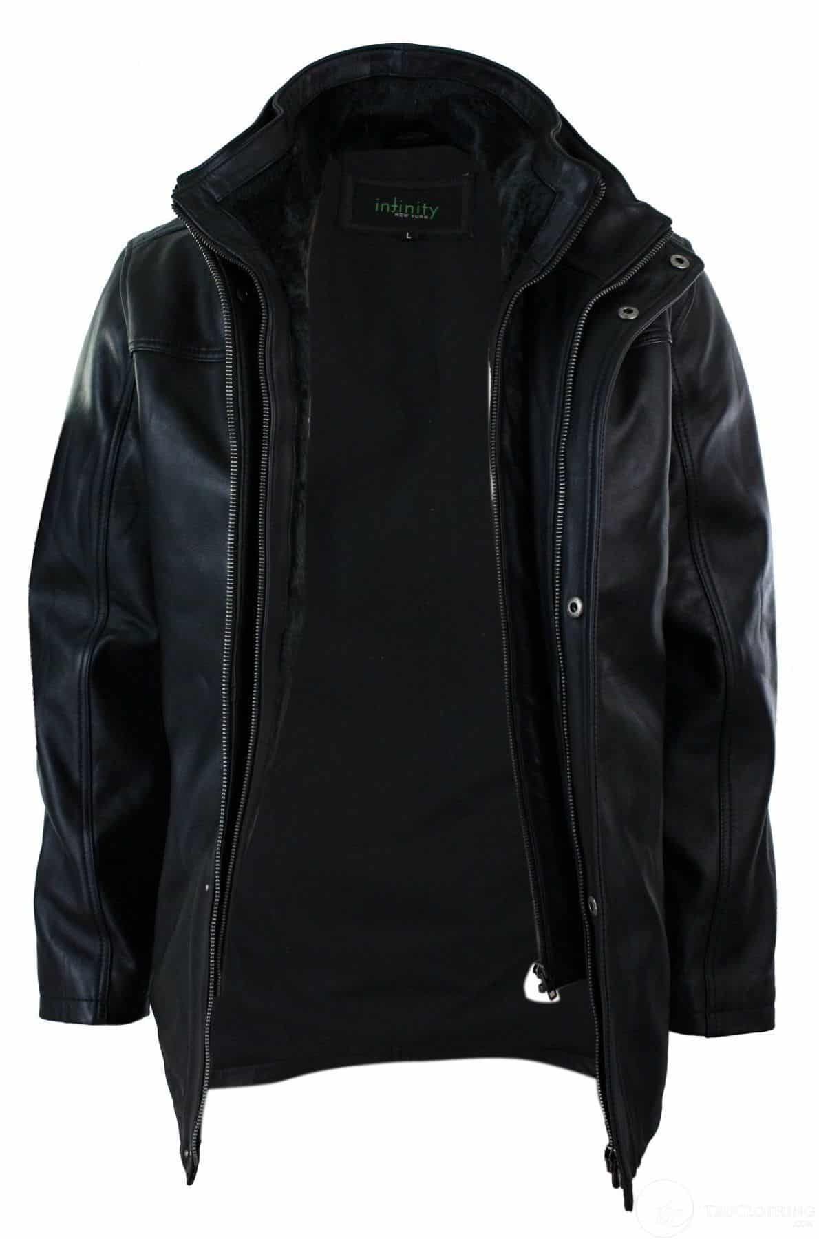 Muška 3/4 jakna od prave kože, safari, crna, s dvostrukim patentnim zatvaračem na skidanje