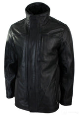 Muška 3/4 jakna od prave kože, safari, crna, s dvostrukim patentnim zatvaračem na skidanje