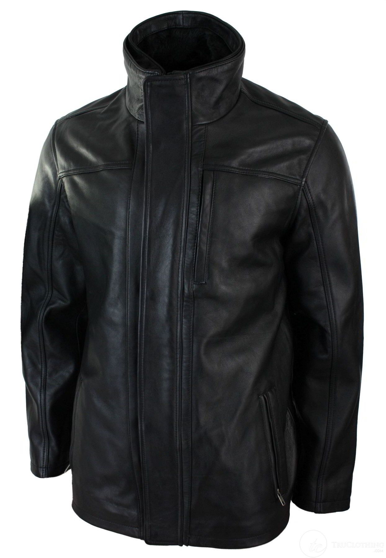 Muška 3/4 jakna od prave kože, safari, crna, s dvostrukim patentnim zatvaračem na skidanje