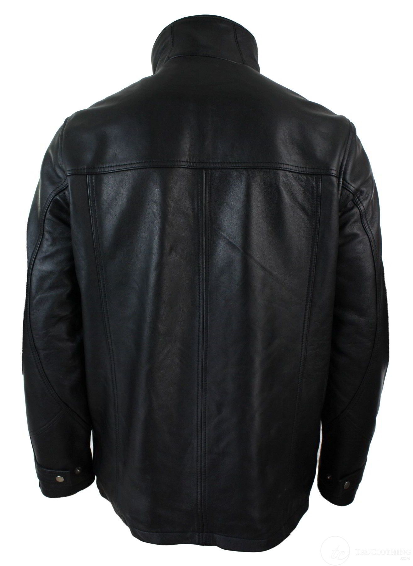 Muška 3/4 jakna od prave kože, safari, crna, s dvostrukim patentnim zatvaračem na skidanje