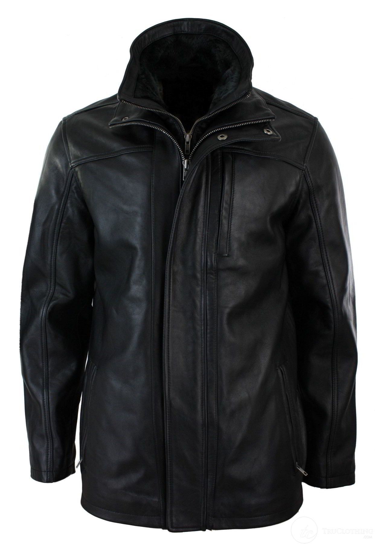 Muška 3/4 jakna od prave kože, safari, crna, s dvostrukim patentnim zatvaračem na skidanje