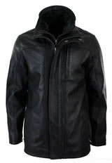 Muška 3/4 jakna od prave kože, safari, crna, s dvostrukim patentnim zatvaračem na skidanje