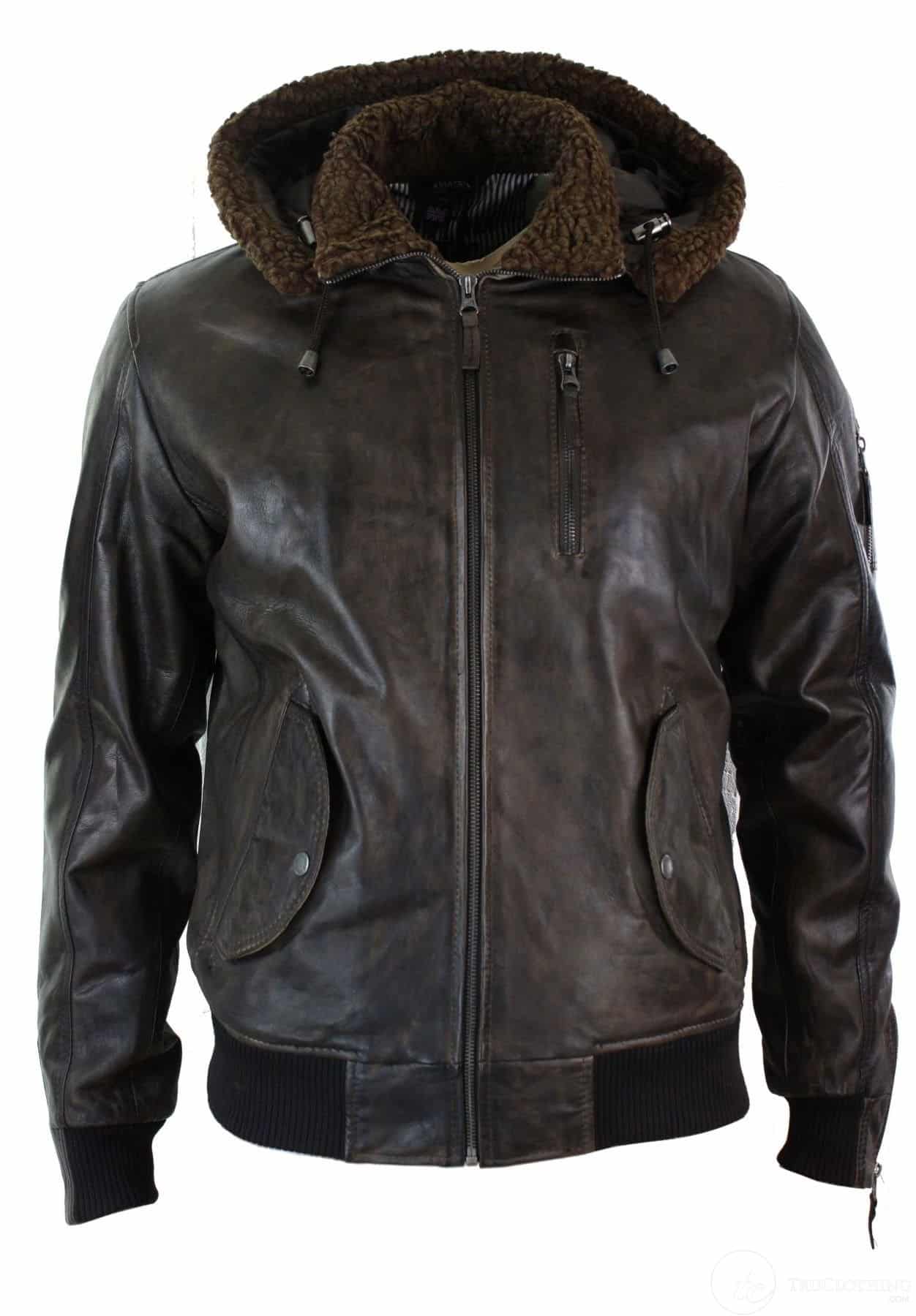 Muška jakna bomber s kapuljačom od prave kože, pilotska, vintage smeđa, retro-smeđa
