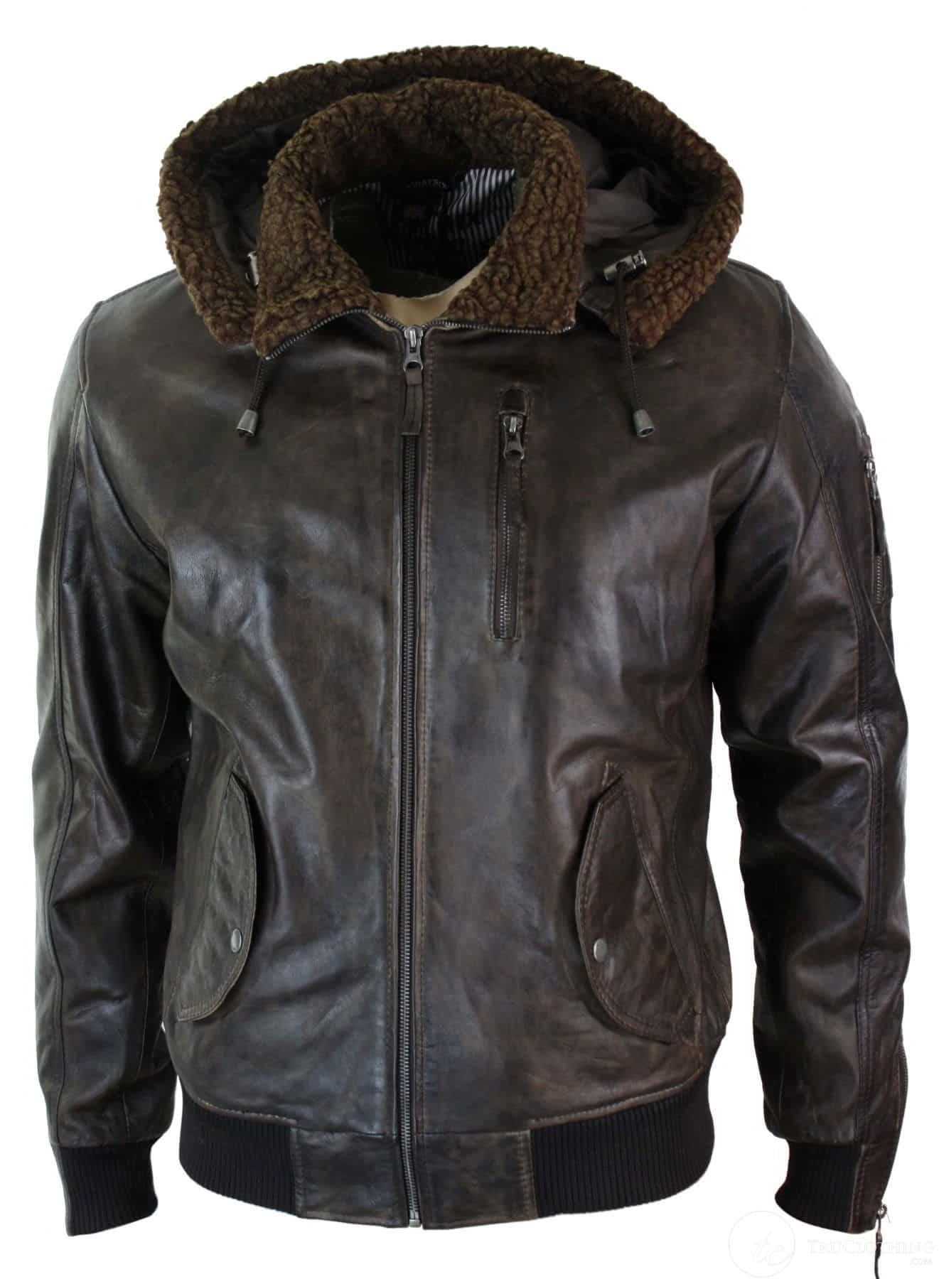 Muška jakna bomber s kapuljačom od prave kože, pilotska, vintage smeđa, retro-smeđa