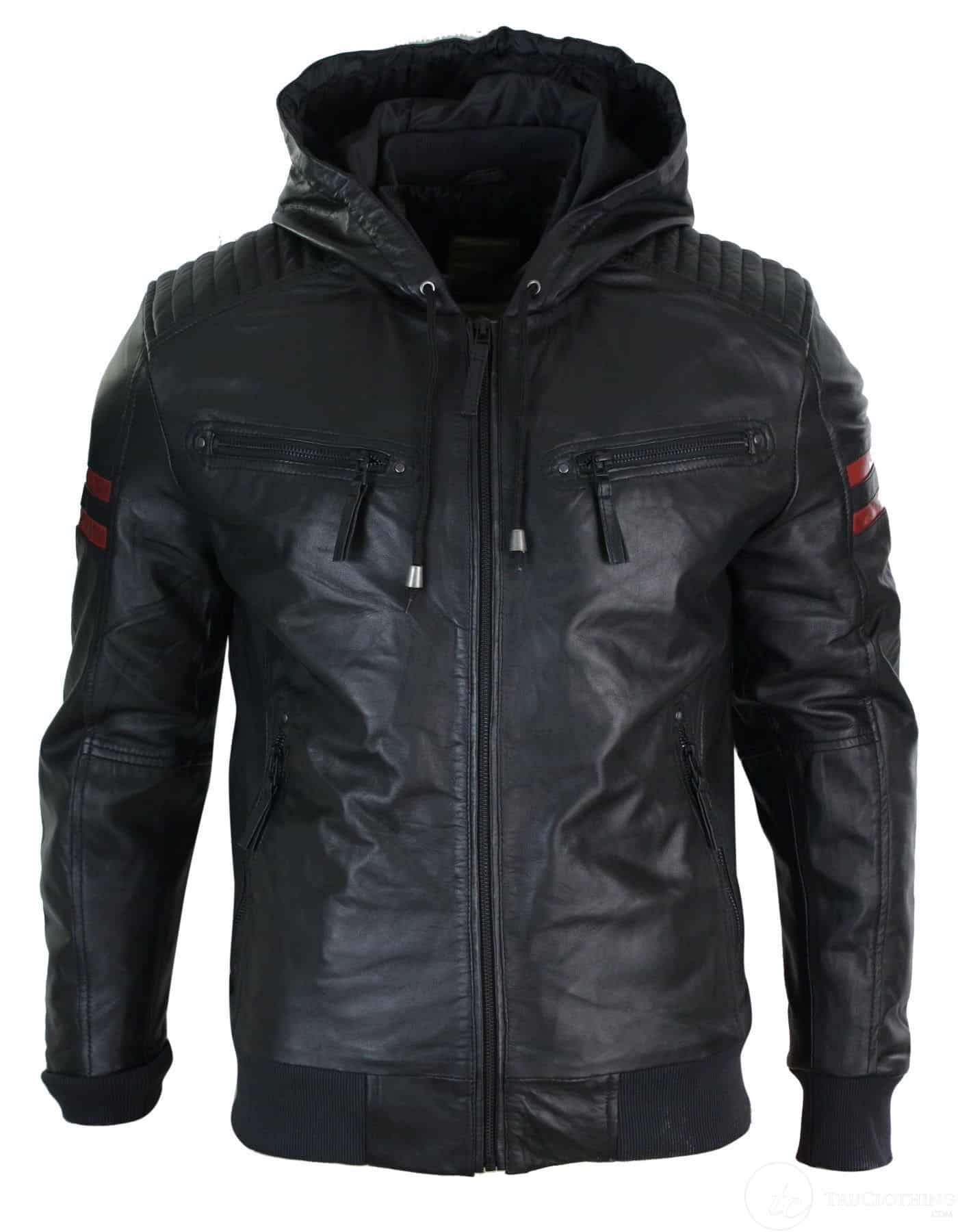 Muška crna bomber jakna s kapuljačom, prava koža, crvene pruge, prošivena, uskog kroja, ležerna