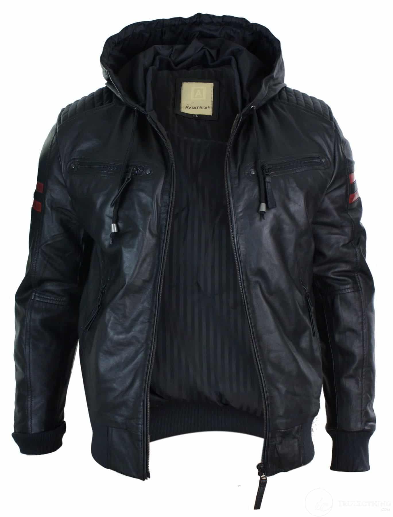 Muška crna bomber jakna s kapuljačom, prava koža, crvene pruge, prošivena, uskog kroja, ležerna