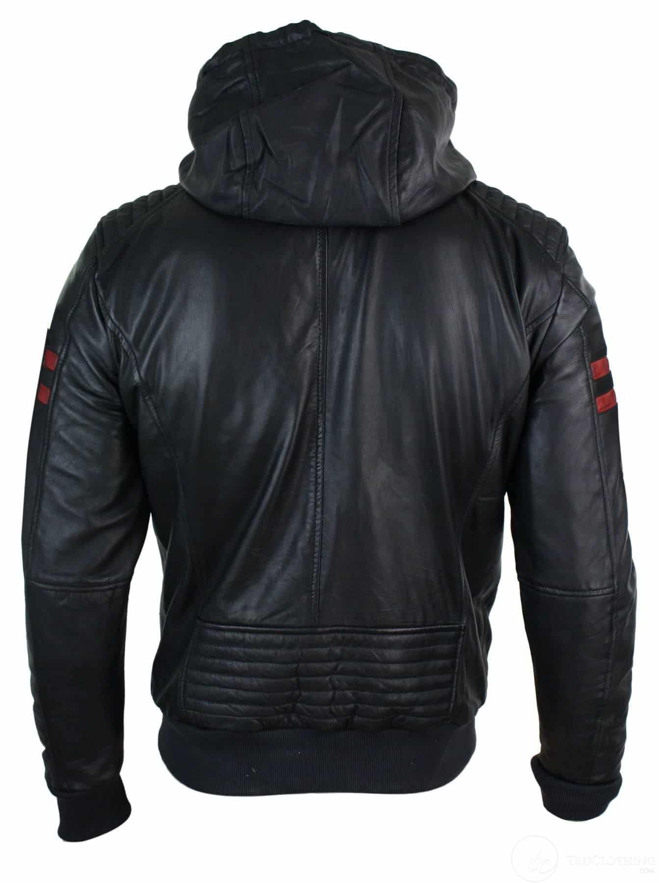 Muška crna bomber jakna s kapuljačom, prava koža, crvene pruge, prošivena, uskog kroja, ležerna