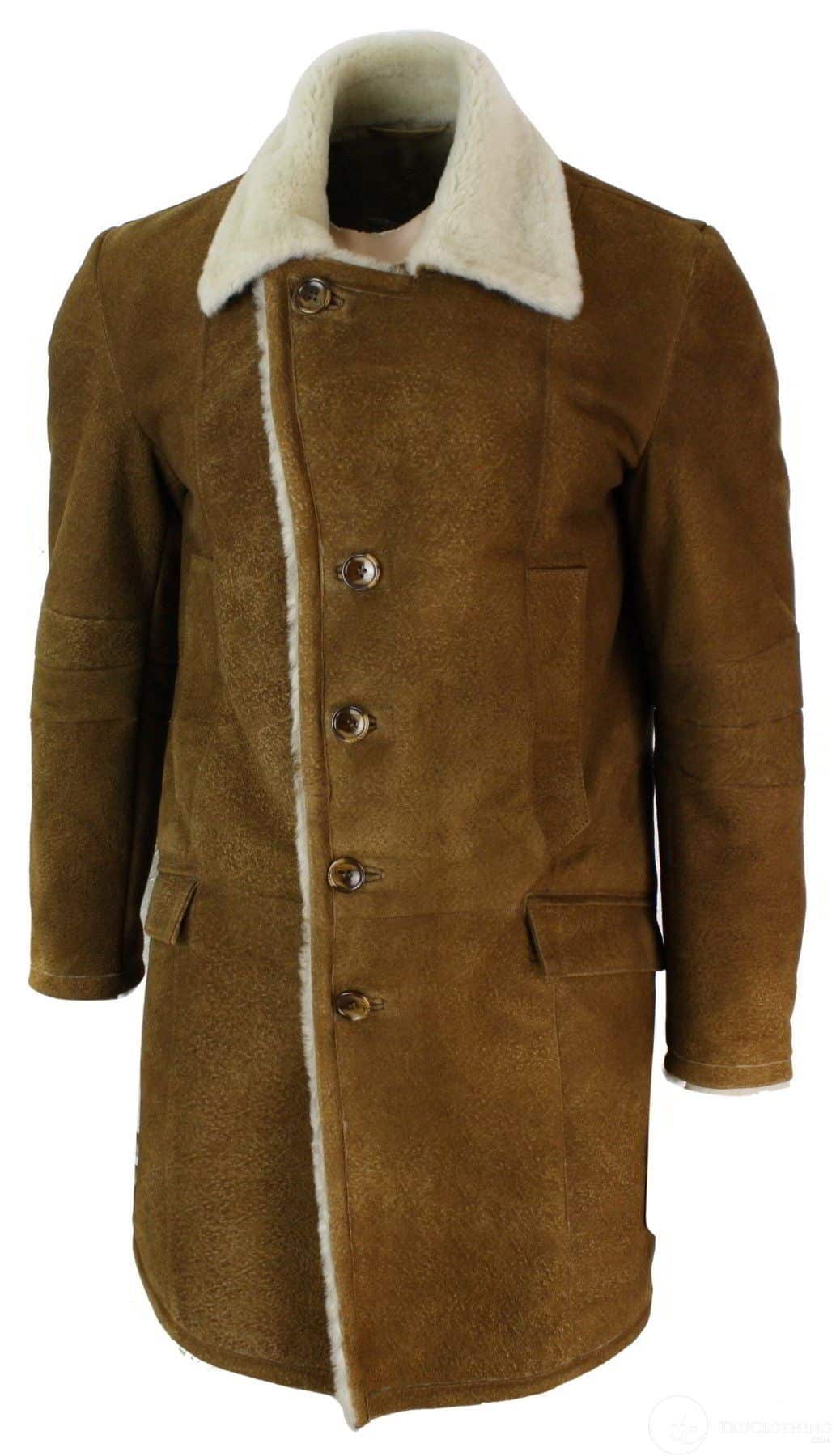 Muški topli 3/4 kaput od ovčje kože Sherling, smeđe boje, vintage retro