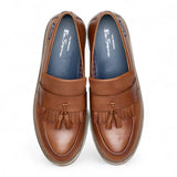 Muške smeđe kožne mokasine s resicama i debelim potplatom boje preplanulih boja