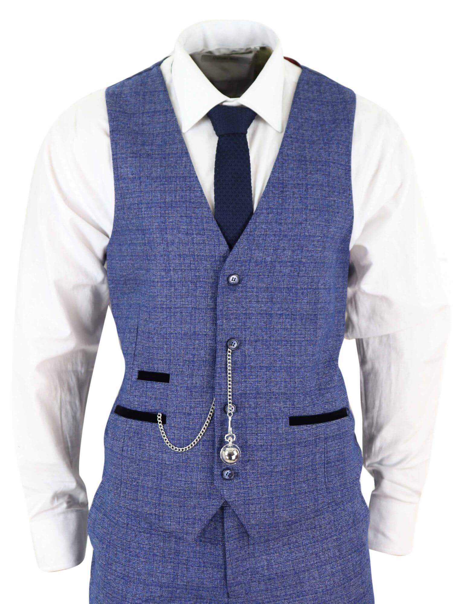 Muško tvidasto plavo karirano odijelo s 3 dijela džepni sat, krojen kroj, Peaky Blinders