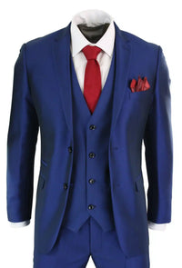 Muško odijelo od 3 dijela, sjajno plavo, za vjenčanje, maturalnu večer, krojeno, elegantno, formalno