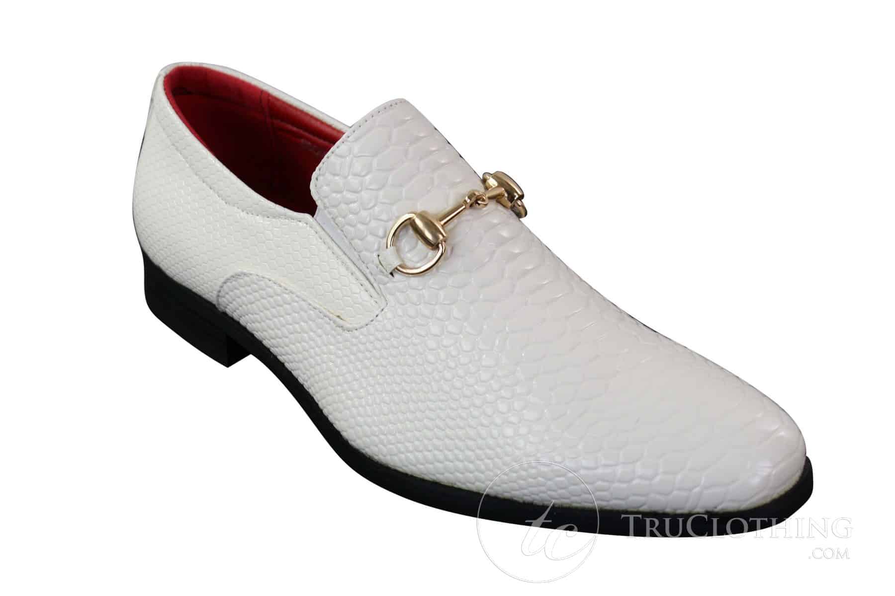 Patron 80058 - Muške bijele crne lakirane sjajne cipele slip-on uzorkom od PU zmijske krokodilske kože sa zlatnom kopčom