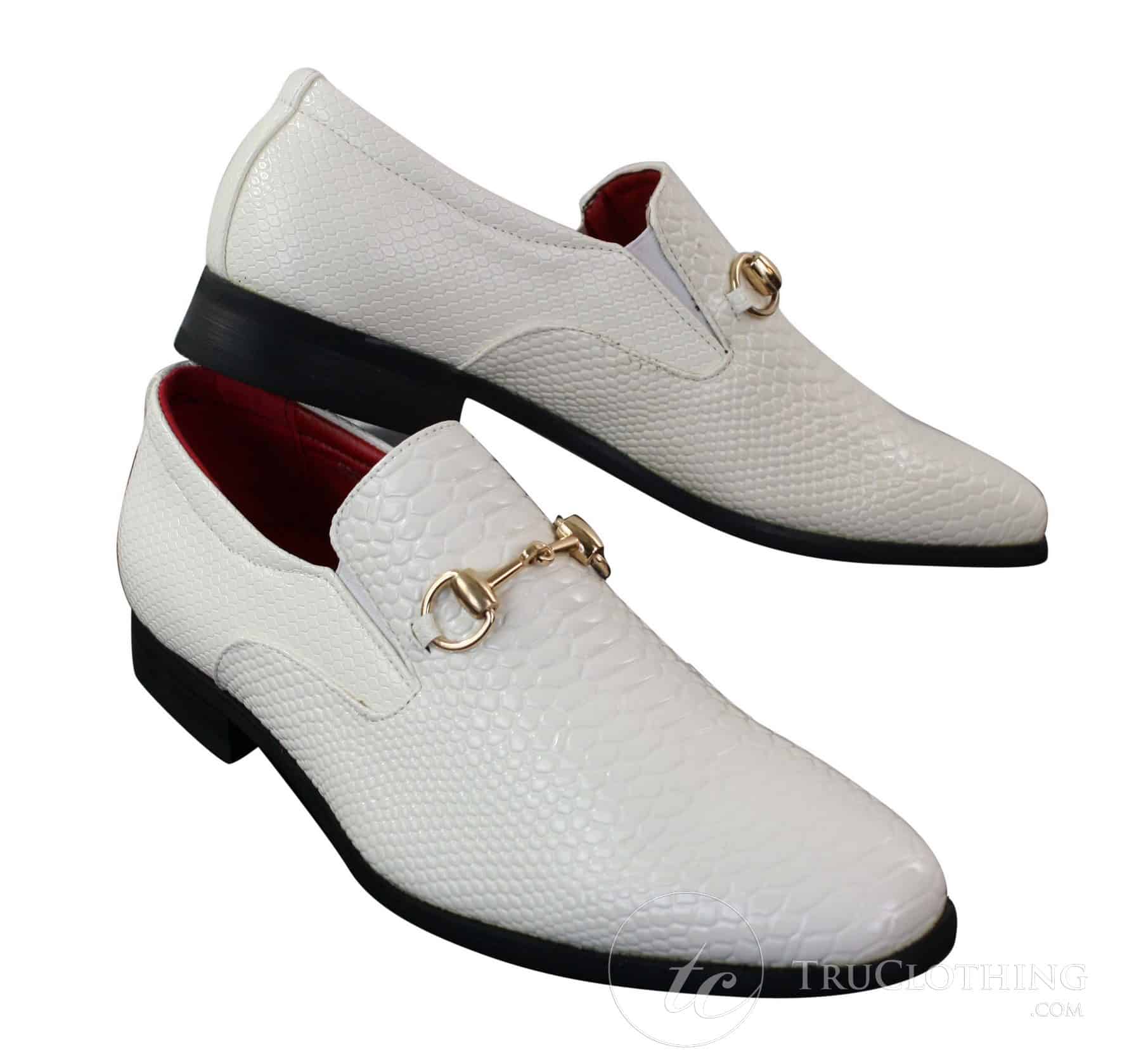 Patron 80058 - Muške bijele crne lakirane sjajne cipele slip-on uzorkom od PU zmijske krokodilske kože sa zlatnom kopčom