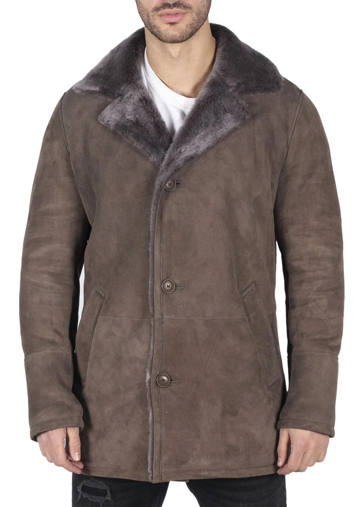 Muški kaput od prave ovčje kože, bež, vintage, klasični 3/4 kaput s V izrezom