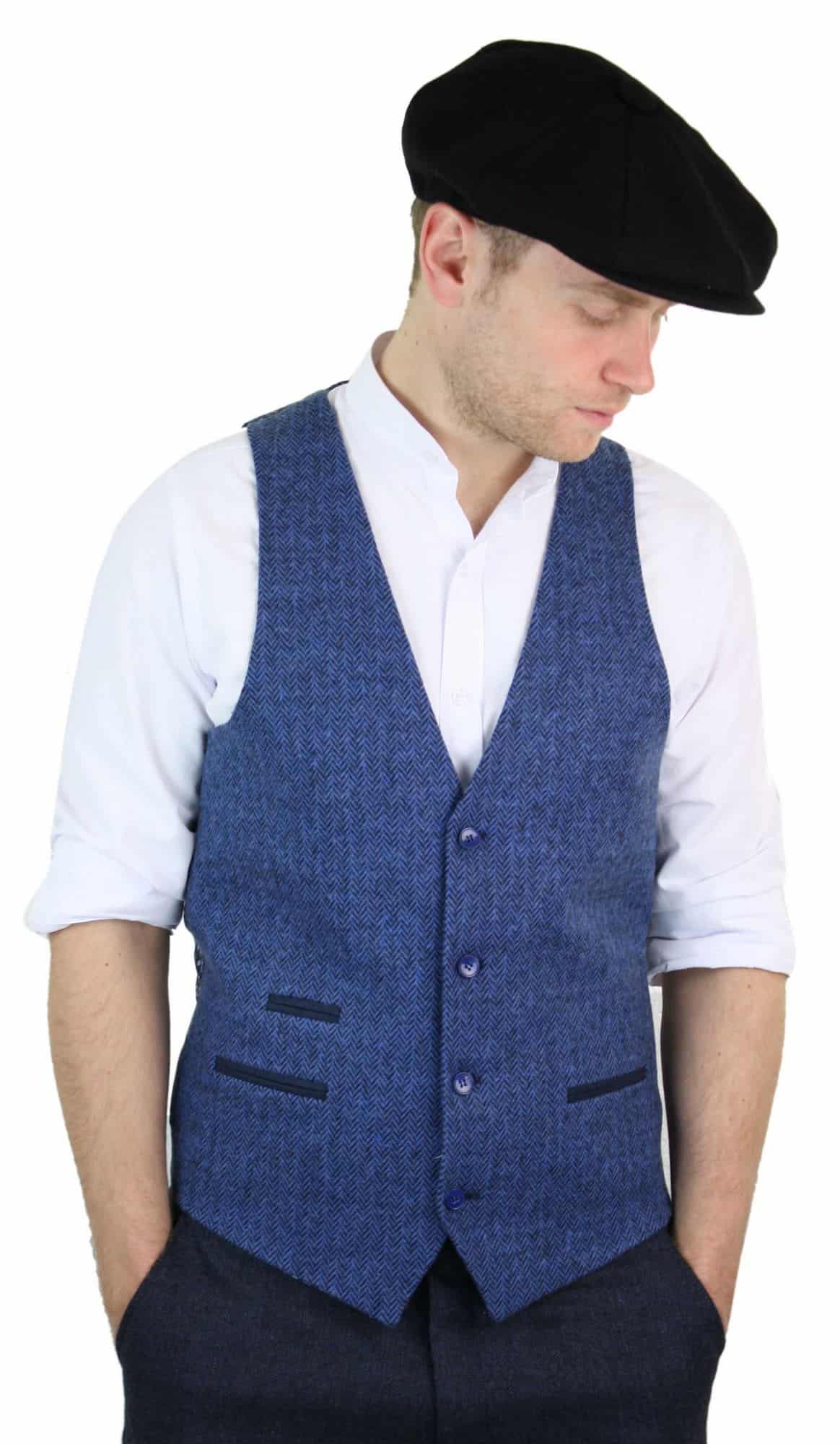 Muški plavi prsluk od tvida, riblja kost, vune, Peaky Blinders, vintage retro