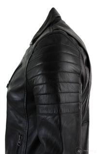 Muška bajkerska jakna od prave kože slim kroja s križnim patentnim zatvaračem, retro vintage Brando, crna