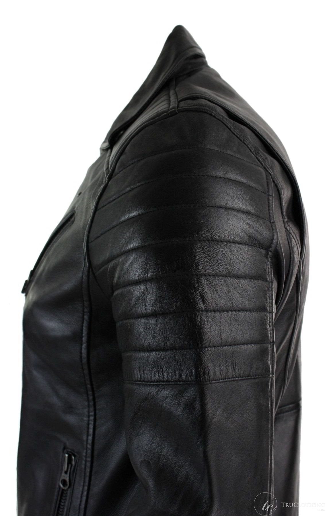 Muška bajkerska jakna od prave kože slim kroja s križnim patentnim zatvaračem, retro vintage Brando, crna