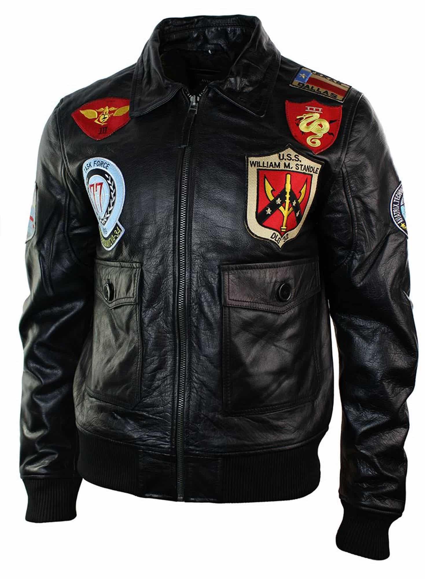 Muška jakna od prave kože, američkog pilotskog bombardera, crna s krznenim ovratnikom - crna