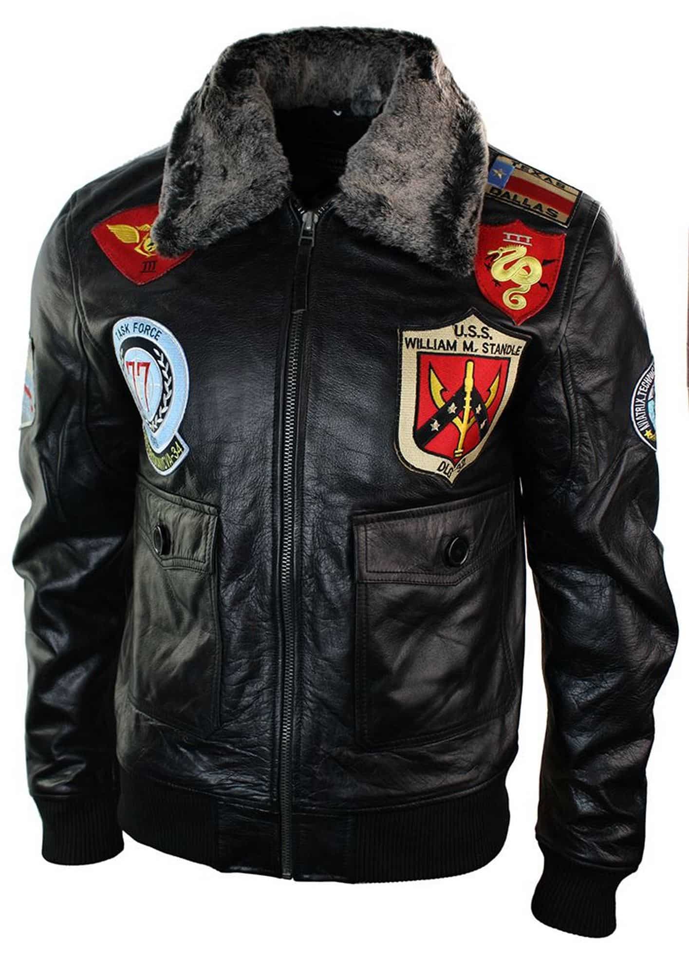 Muška jakna od prave kože, američkog pilotskog bombardera, crna s krznenim ovratnikom - crna