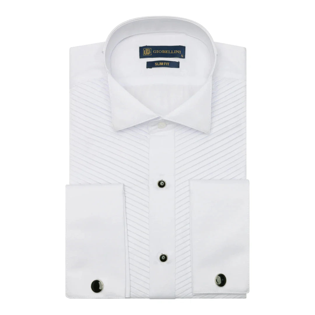 Muška bijela košulja s ovratnikom od krila, plisiranim smokingom i dvostrukim manžetama, satenski pamuk