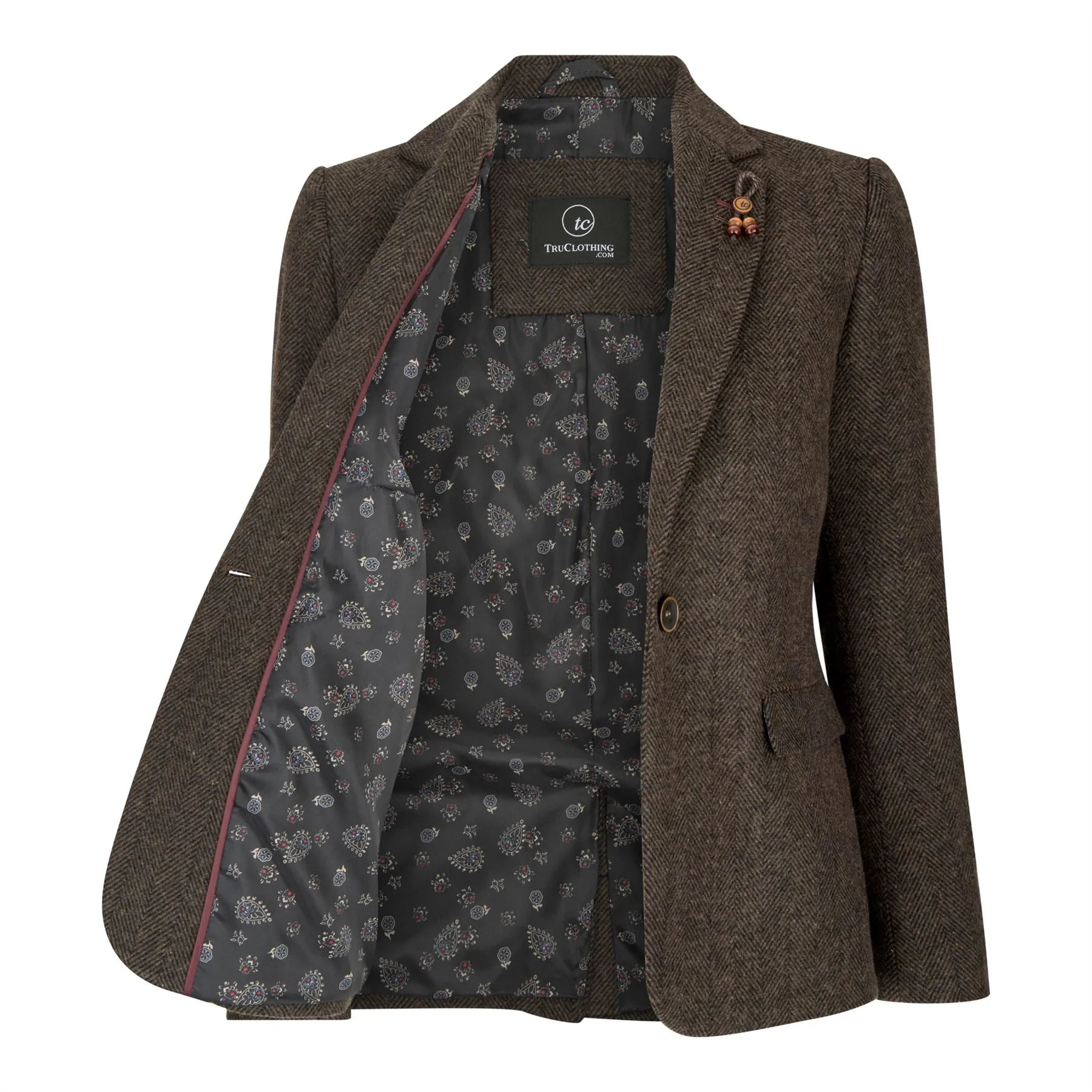 Ženski tvid sako s uzorkom riblje kosti, smeđi, vintage krojeni, klasični, elegantni, iz 1920-ih