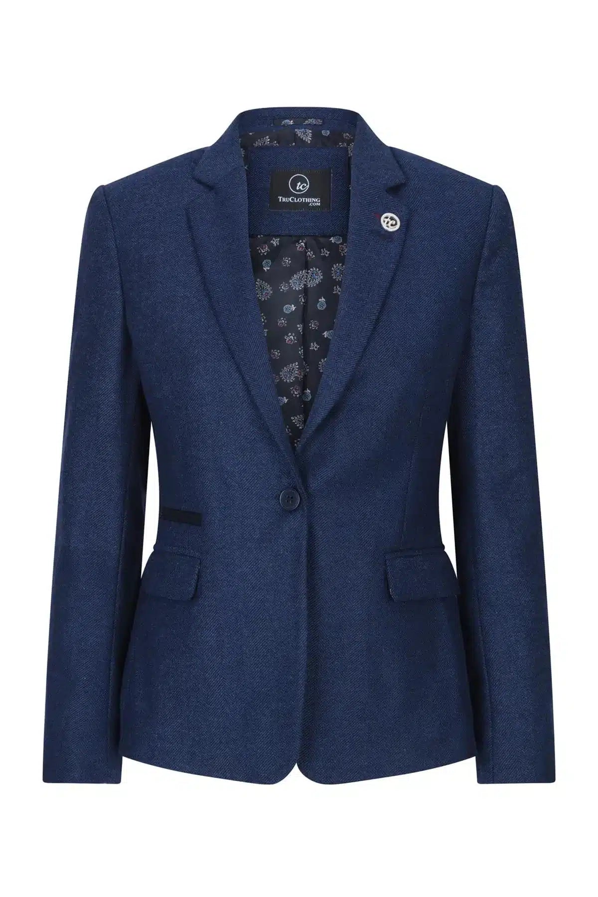 Ženski tvid sako s uzorkom riblje kosti, tamnoplavi, vintage stil iz 1920-ih, klasičan i elegantan