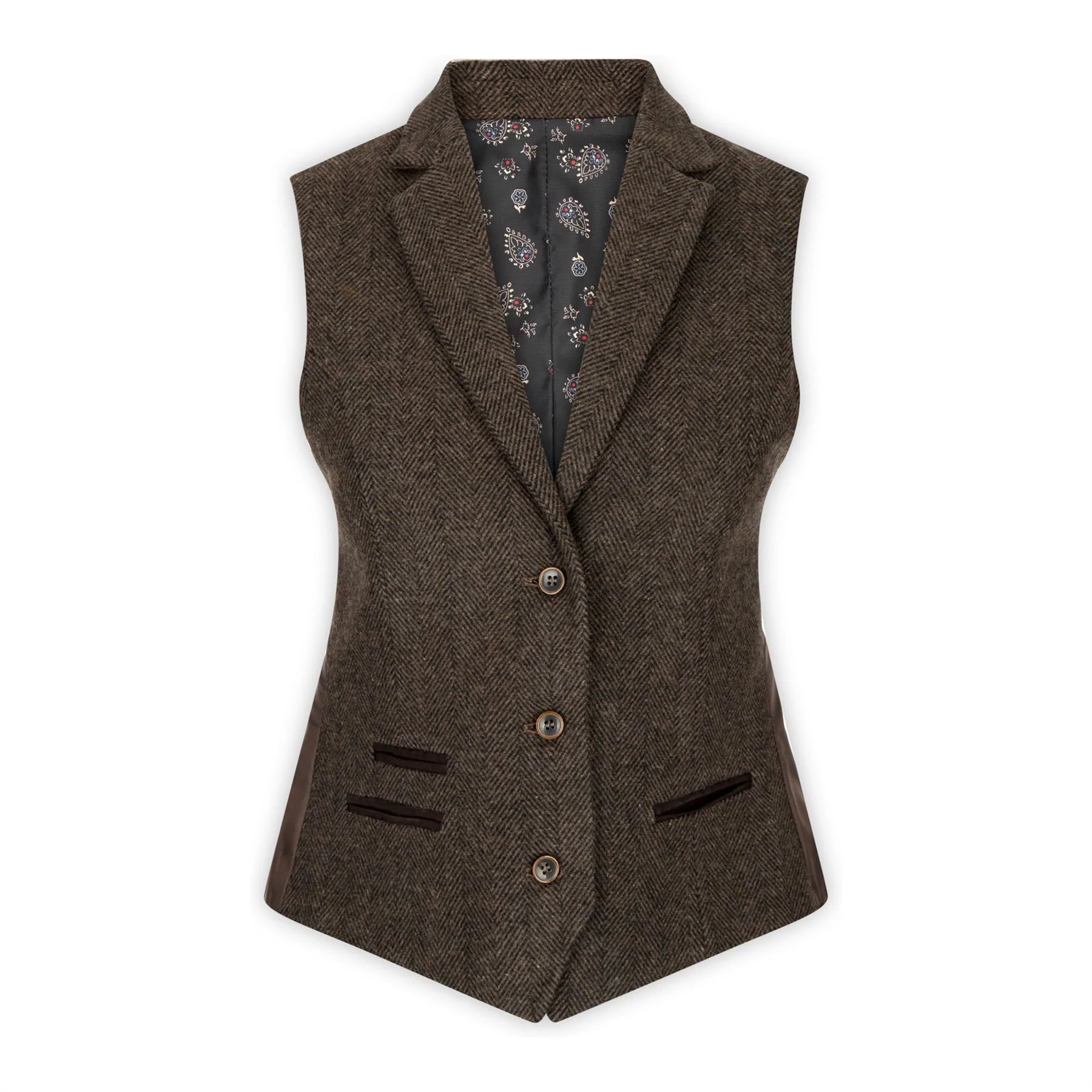 Ženski tvidasti prsluk s uzorkom riblje kosti, smeđi, vintage stil, klasičan i elegantan, iz 1920-ih