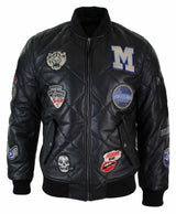 Muška prošivena puhasta jakna od prave kože, Varsity Baseball Bomber, Letterman, značka