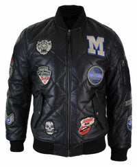 Muška prošivena puhasta jakna od prave kože, Varsity Baseball Bomber, Letterman, značka