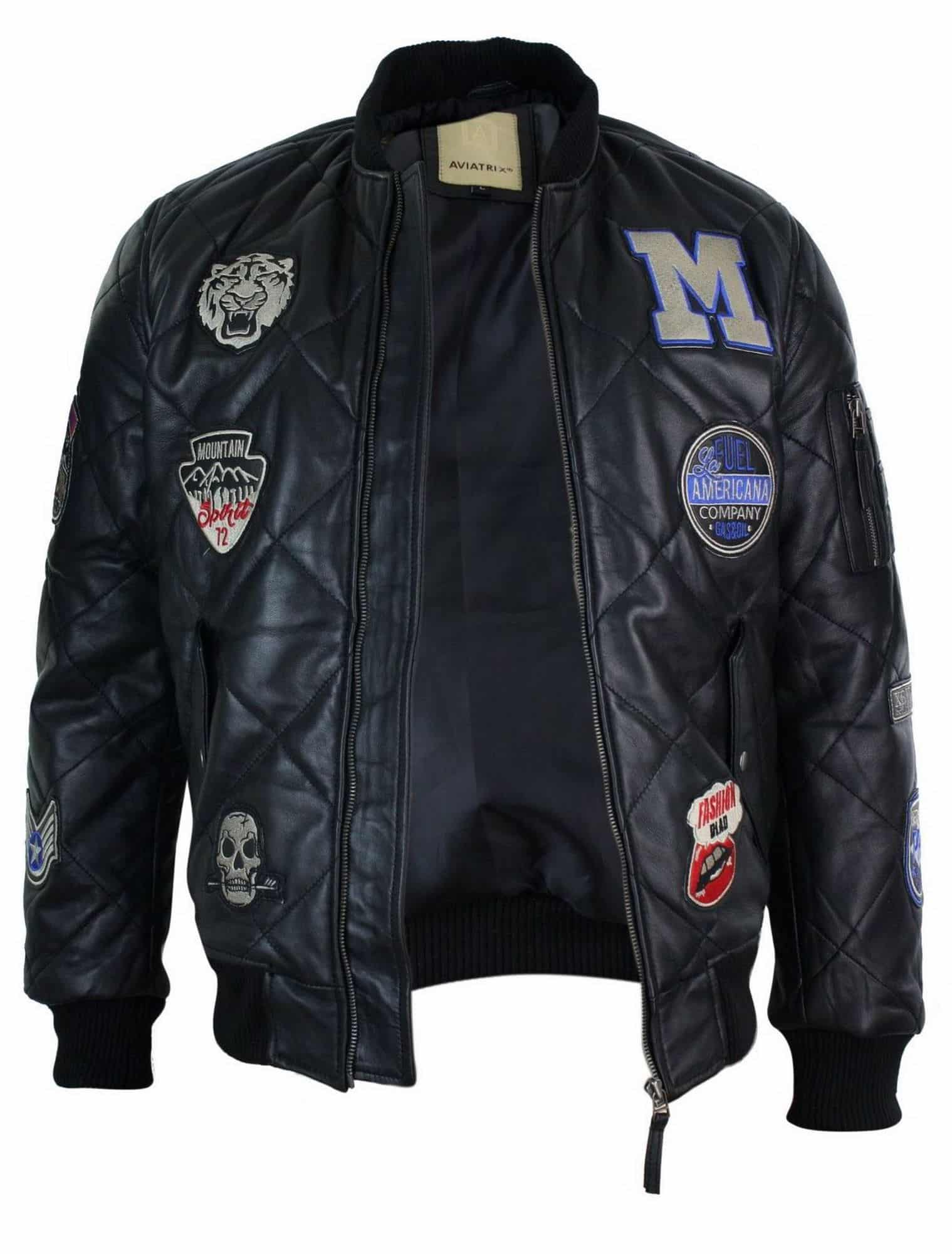 Muška prošivena puhasta jakna od prave kože, Varsity Baseball Bomber, Letterman, značka
